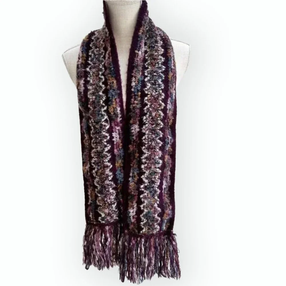 Wool Blend Purple Multi-Color Scarf with Fringe Detail